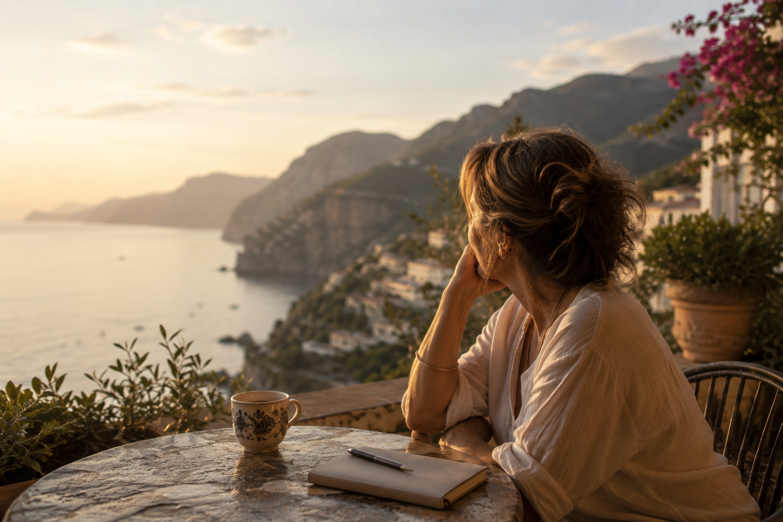 Woman in her early fifties on an Italian coastal terrace at golden hour with coffee and a journal
